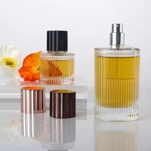 In Stock 50ml 100ml Square Rounded Corner Vertical Ribbed Clear Glass Perfume Bottle with Ribbed Cap Fine Mist Spray