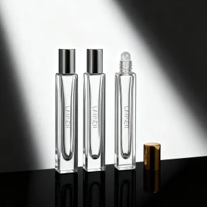 Luxury 10ml Square Glass Roller Bottle Empty Clear Rectangular Roll-on Perfume Vials with Gold Silver Cap Custom Logo