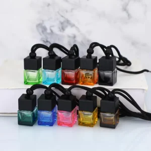 Luxury 8ml Custom colored Glass Empty Hanging Car Perfume Bottle Aromatherapy Air Freshener Premium Square Perfume Oil Diffuser