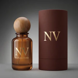 Luxury Custom Logo Amber Glass Perfume Bottle 30ml 50ml 100ml with Round Wooden Cap Custom Packaging Box Branding Set
