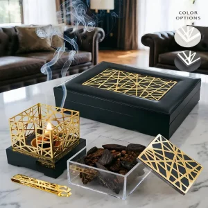 Luxury Leather Wood Bakhoor Burner Set Complete Incense Box With Tweezers Oud Burner Kit For Arabic Majlis Home Decor