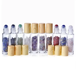 Manufacturer Travel Sample Fancy 10ml Glass Fragrance Roller Perfume Oil Roll on Bottle With Gemstone and Plastic Wood Lid
