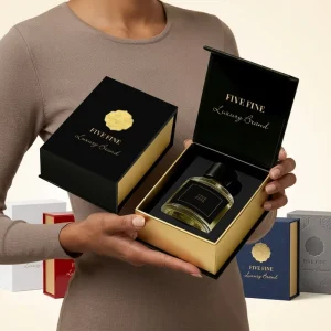 Matte Black Magnet Closure Rigid Perfume Packaging Boxes with Luxury Designs Handmade Custom Colors & Logos