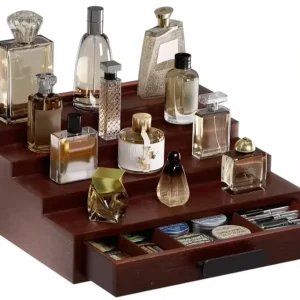 Men’s 3 Tier Wooden Cologne Organizer Perfume Display Stand with Shelf Drawer Gift for Men’s Cologne Storage Rack