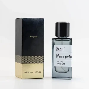Men’s Perfume 30ml 50ml 100ml Clear Gray Square Glass Bottle with Screen Printed Black & Gold Packaging and Pump Sprayer