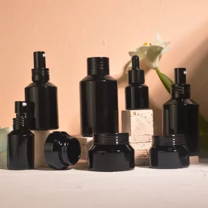 Men’s Skincare Cream Jar 15ml to 120ml Matte Black Glass Cosmetic Pump Bottle with Screw Cap for Face Lotion and Serum