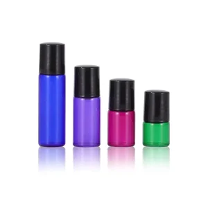 Mini Blue Pink Purple Green 1ml 2ml 3ml 5ml Glass Roll on Bottle Empty Refillable Essential Oil Bottle with Black Plastic Cap