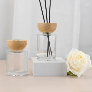 Minimalist Home Decor 120 ml 150 ml Clear Round Empty Glass Bottle with Wooden Cap and Screen Printing
