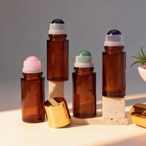 Natural Crystal Gemstone Ball Essential Oil Roller Bottle Refillable Perfume Roll on Bottle with Gold Cap