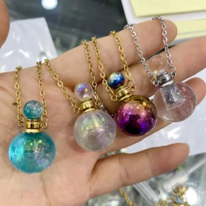 Natural Crystal Perfume Bottle Necklace Clear Rose Quartz Green Fluorite Amethyst Healing Crystals Necklace