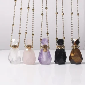 Natural Gemstone Perfume Necklace Crystal Amethyst Quartz Gem Stone Bottle Necklace