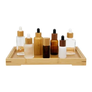 OEM ODM Frosted Glass Serum Bottle with Natural Bamboo Push Dropper Cosmetic Container