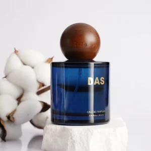 OEM ODM Service Luxury 50ml 100ml Blue Glass Empty Perfume Bottle with Wooden Ball Cap for Men’s Cologne