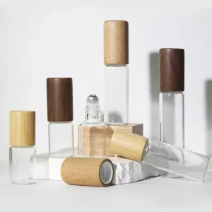 Perfume Essential Oil Roll on Roller for Dispenser Bottle 5ml 10ml 15ml Transparent Tea Color Glass Gold Stamped Wooden Lid
