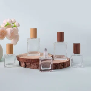 Portable 10ml 15ml Square Transparent Roll on Empty Glass Perfume Deodorant Roller Ball Bottles With Real Bamboo Wood Lids