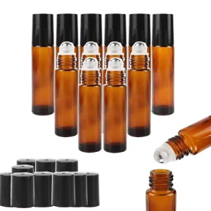 Portable 10ml Amber Glass Roll on Bottle for Essential Oil Vials With Roller Metal Ball Refillable Bottles Containers