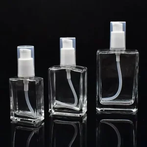 Portable Clear Glass Rectangle Facial Lotion Pump Bottle 30ml 50ml 100ml Glass Skin Serum Moisturizer Bottle With Pump Head