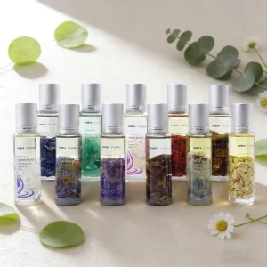 Private Label Clear Roll on Essential Oils Body Perfume Roller on Skin Oil Massage Perfume Oil With Gem Stone 15ml