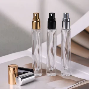 Refillable 10ml Tall Rectangular Clear Mist Sprayer Bottle Square Glass Cosmetic Toner Perfume Spray Bottles With Metal Gold Lid