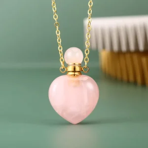 Rose Bloom Energy of Heart Shape Healing Natural Crystals Stone Pendant Necklace Essential Oil Perfume Bottle Necklace Jewellery