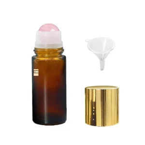 Rose Quartz Roller Bottles Essential Oils 50ml Refillable Amber Glass Flat Shape Natural Crystal Roller Balls Leak Proof Bottle