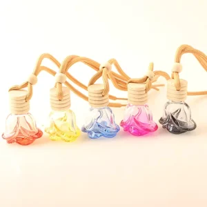 Rose Shape Hanging 6ml Car Perfume Essential Oil Diffuser Aromatherapy Glass Bottle Car Air Freshener Bottle With Wooden Lid