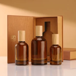 Round Amber Glass Perfume Bottles 30ml 50ml 100ml with Bamboo Cap and Pump Sprayer Elegant Sealing Type