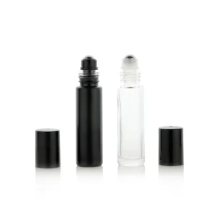 Round Matte Frosted Black Glass Roll on Bottle Screw Cap Cosmetic Skin Care Perfume Oil 10ml