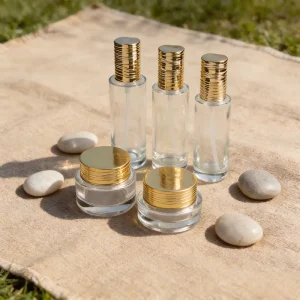 Skin Care Glass Bottles and Jars with Lotion Pump, Gold Ribbed Cap, Matte Finish and Screen Printing