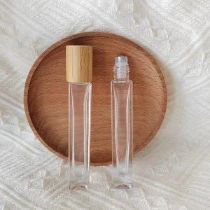 Slender Perfume Roll on Bottle 10ml Tall Square Thick Glass Bottle With Metal Steel Roller Bamboo Lid for Essential Oils