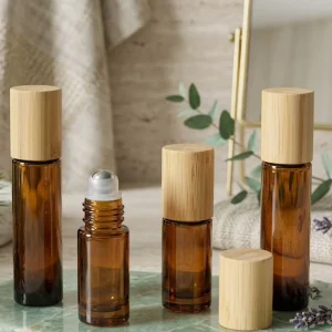 Small Portable 3ml 5ml 10ml Amber Glass Roller Bottle with Wooden Cap Metal Roll Perfume Bottle Roll on 5ml