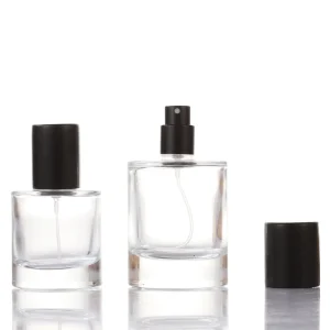 Square Cylindrical Glass Perfume Bottle Flat Shoulder Thick Heavy Base Black Magnetic Cap Pump Sprayer