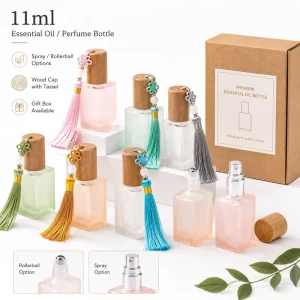 Square Glass Spray Roller Frosted Colorful Essential Oil Perfume Bottles Wood Cap 11ml Empty Refillable Perfume Bottle