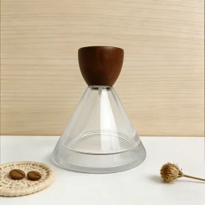 Stock 50ml Tower Shaped Press Type Spray Bottle Unique Inverted Conical Glass Perfume Bottle with Wood Lid