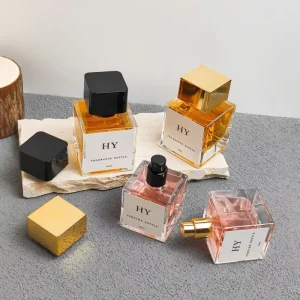 Thick Glass Cube Perfume Bottles 30ml 50ml Crimp Neck with Elegant Black and Gold Square Caps and Pump Sprayer