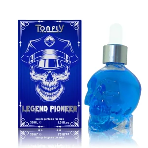 Tonfly Legend Pioneer Men’s Ea de Perfume in a Striking Skull Shaped Bottle The Blue Hued Fragrance Evokes a Sense of Adventure