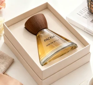 Unique Conical Design 50ml Thick Glass Perfume Bottle with Wooden Cap Custom Fragrance Box