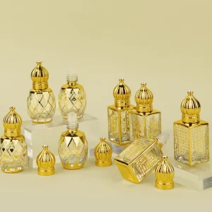 Unique Design Glass Stick 3ml 6ml 9ml 12ml 15ml Electroplating Gold Engraving Roll on Glass Perfume Attar Bottles in Dubai