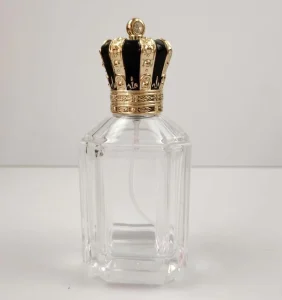 Unisex Wooden Crown Cap Cylinder Perfume Bottle Transparent with Straight-Edge Pattern and Pump Sprayer Seal