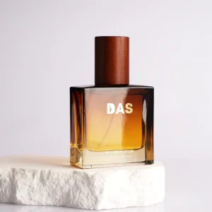 Vintage 50ml Amber Glass Perfume Bottle with Dark Wood Cap for Niche Cologne Custom Logo Square Empty Spray Bottle
