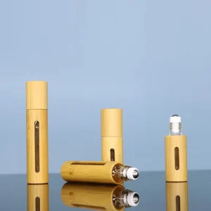 Wood and Glass Cylinder Roller Bottles with Wood Grain 3ml 5ml 10ml Bamboo Cap Essential Oil Bottles